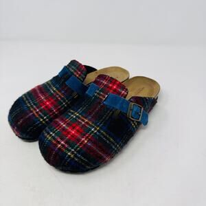 Sundance Plaid Wool Clogs Slip-On Mules Blue Suede Buckle Shoes Women’s 39 US 8